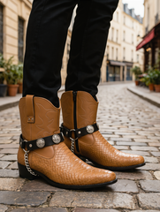 Brand New Men Biker Adult Faux Leather Boot Straps Black With Silver Chain and Buffalo Coin Medallion Pair  M21