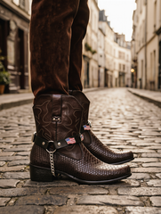Brand New Adult Western Biker Fashion 2 Boot Straps Pair Black With Silver Chain and USA Flag Accent Adjustable M19