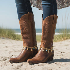 Brand New Women Gold Metal Boot Chain Bracelet Shoe Anklet Fleur De Lis + Sheriff Star + Horseshoe + Cowboy Boots Western Charm SET BC244