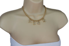 NEW Women Gold Tone RICH Word Necklace Dangling Letter Charms WN73