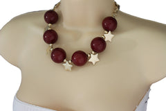 Brand New Red Brown Beaded Necklace and Earrings Set for Women with Gold Tone Star Charms, Adjustable Statement Jewelry, WN60