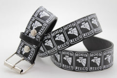 Brand New Men Women  Hecho En Mexico Printed Black Belt, Silver Buckle Faux Leather Graphic Strap, Adult Size Small 29 To 33   M22