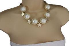 Brand New Cream Pearl-Look Star Necklace And Earrings Set, Gold-Tone Fashion Jewelry    -   WN6