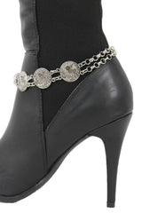 Brand New Women Silver Metal Boot Chain Bracelet Shoe Anklet 3 Ethnic Coin Charm SET BC217