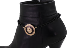 Brand New Women Black Metal Boot Chain Bracelet Shoe Anklet Gold Lion Head Coin Charm SET BC196