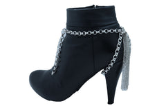 Brand New Women Silver Metal Chain Boot Bracelet Shoe Charm Back Side Tassel Fringes SET BC87