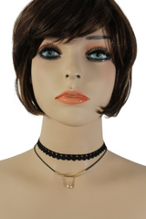 Brand New Women Black Lace Double Choker Necklace Stud Earrings Set, WN63
