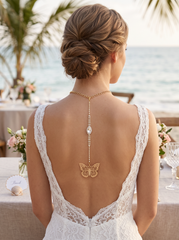 Handmade Gold Tone Coin Back Pendant, Hook On Necklace Attachment, Rhinestone Open Back Bridal Wedding Dress Jewelry, 7 Inch Drop WN82