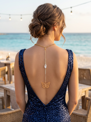 Handmade Gold Tone Coin Back Pendant, Hook On Necklace Attachment, Rhinestone Open Back Bridal Wedding Dress Jewelry, 7 Inch Drop WN82