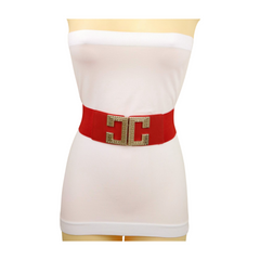 Women Red Elastic Fashion Belt Gold Metal C Buckle Fit Size S M