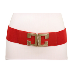 Women Red Elastic Fashion Belt Gold Metal C Buckle Fit Size S M