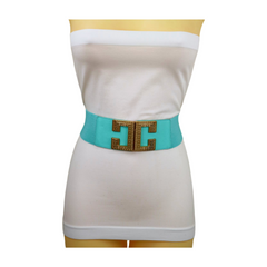 Women Mint Green Shade Elastic Wide Belt Metal C Buckle Adjustable Size S M