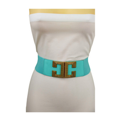Women Mint Green Shade Elastic Wide Belt Metal C Buckle Adjustable Size S M