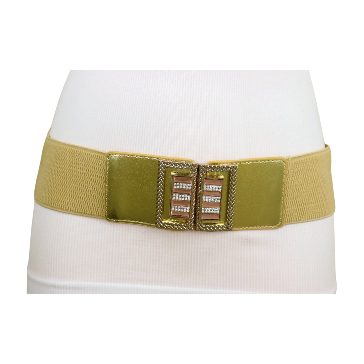 Women Gold Elastic Wide Belt Bling Metal Square Buckle S M 