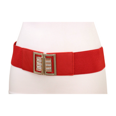New Women Red Elastic Wide Fashion Belt Bling Metal Square Buckle S M