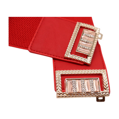 New Women Red Elastic Wide Fashion Belt Bling Metal Square Buckle S M
