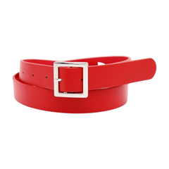 Women Red Faux Leather Skinny Hip Waist Belt Silver Square Metal Buckle S M