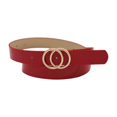 Women Red Faux Patent Leather Fashion Belt Gold Metal Circles Buckle Size M L