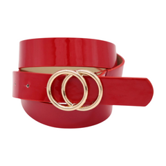 Women Red Faux Patent Leather Fashion Belt Gold Metal Circles Buckle Size M L