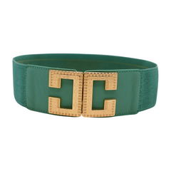 Women Jade Teal Elastic Wide Fashion Belt Hip Waist Gold Metal C Buckle S M