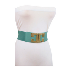 Women Jade Teal Elastic Wide Fashion Belt Hip Waist Gold Metal C Buckle S M