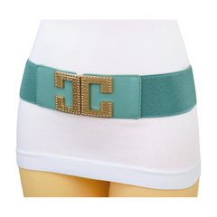 Women Jade Teal Elastic Wide Fashion Belt Hip Waist Gold Metal C Buckle S M