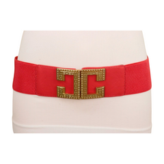 Women Coral Elastic Wide Fashion Belt Gold Metal C Buckle Adjustable S M