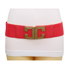 Women Coral Elastic Wide Fashion Belt Gold Metal C Buckle Adjustable S M