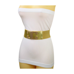 Women Gold Color Elastic Wide Boutique Fashion Belt Metal C Buckle S M