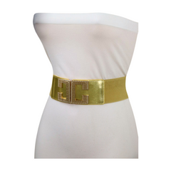 Women Gold Color Elastic Wide Boutique Fashion Belt Metal C Buckle S M