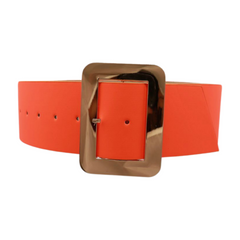 Women Wide Belt Neon Orange Faux Leather Gold Square Buckle S M
