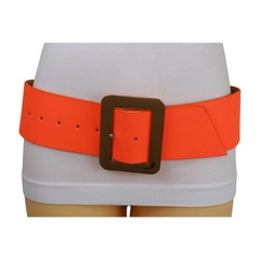 Women Wide Belt Neon Orange Faux Leather Gold Square Buckle S M