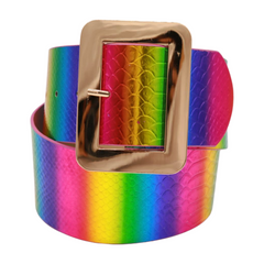 Women Rainbow Colors Wide Belt Gold Metal Square Buckle S M