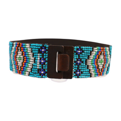Women Blue Beads Elastic Ethnic Belt Brown Wood Buckle S M