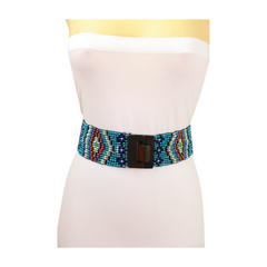Women Blue Beads Elastic Ethnic Belt Brown Wood Buckle S M