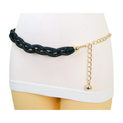 Women Black Mesh Braided Belt Blue Beads Gold Chain S M
