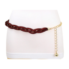 Women Black Mesh Braided Belt Red Beads Gold Chain Size S M