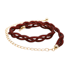 Women Black Mesh Braided Belt Red Beads Gold Chain Size S M