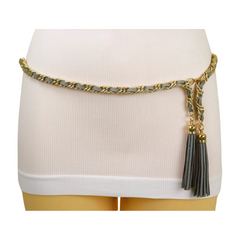 Women Gray Faux Leather Gold Chain Belt Long Tassel XS S M