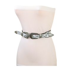 Women White Elastic Belt Paisley Print Double Western Buckles S M