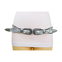 Women White Elastic Belt Paisley Print Double Western Buckles S M
