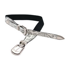 Women White Elastic Belt Paisley Print Double Western Buckles S M