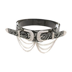 Women Black Elastic Belt Paisley Print Western Double Buckle Chain S M