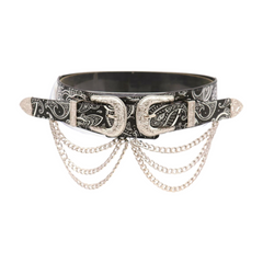 Women Black Elastic Belt Paisley Print Western Double Buckle Chain S M