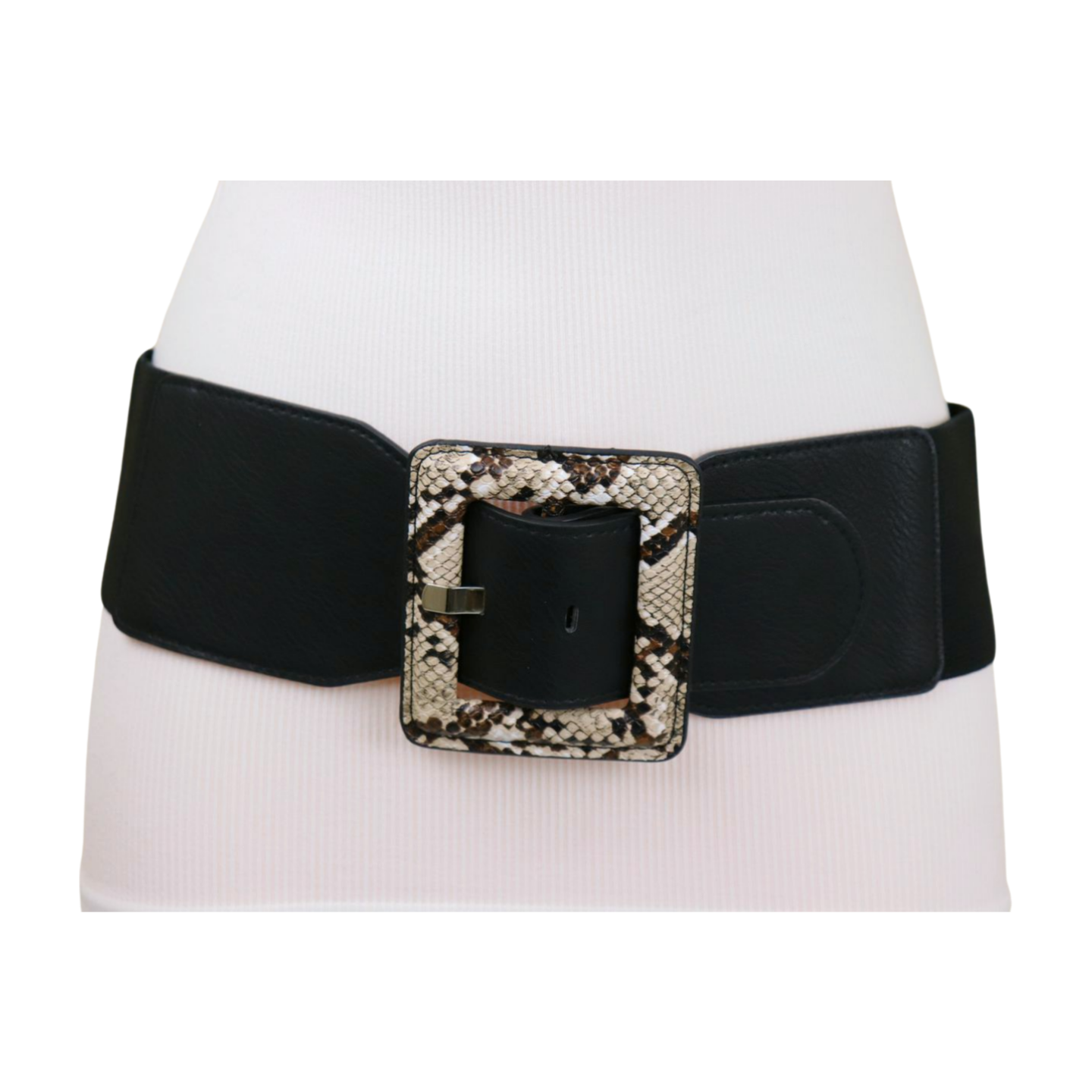Women Black Elastic Belt Beige Square Buckle Faux Snake 