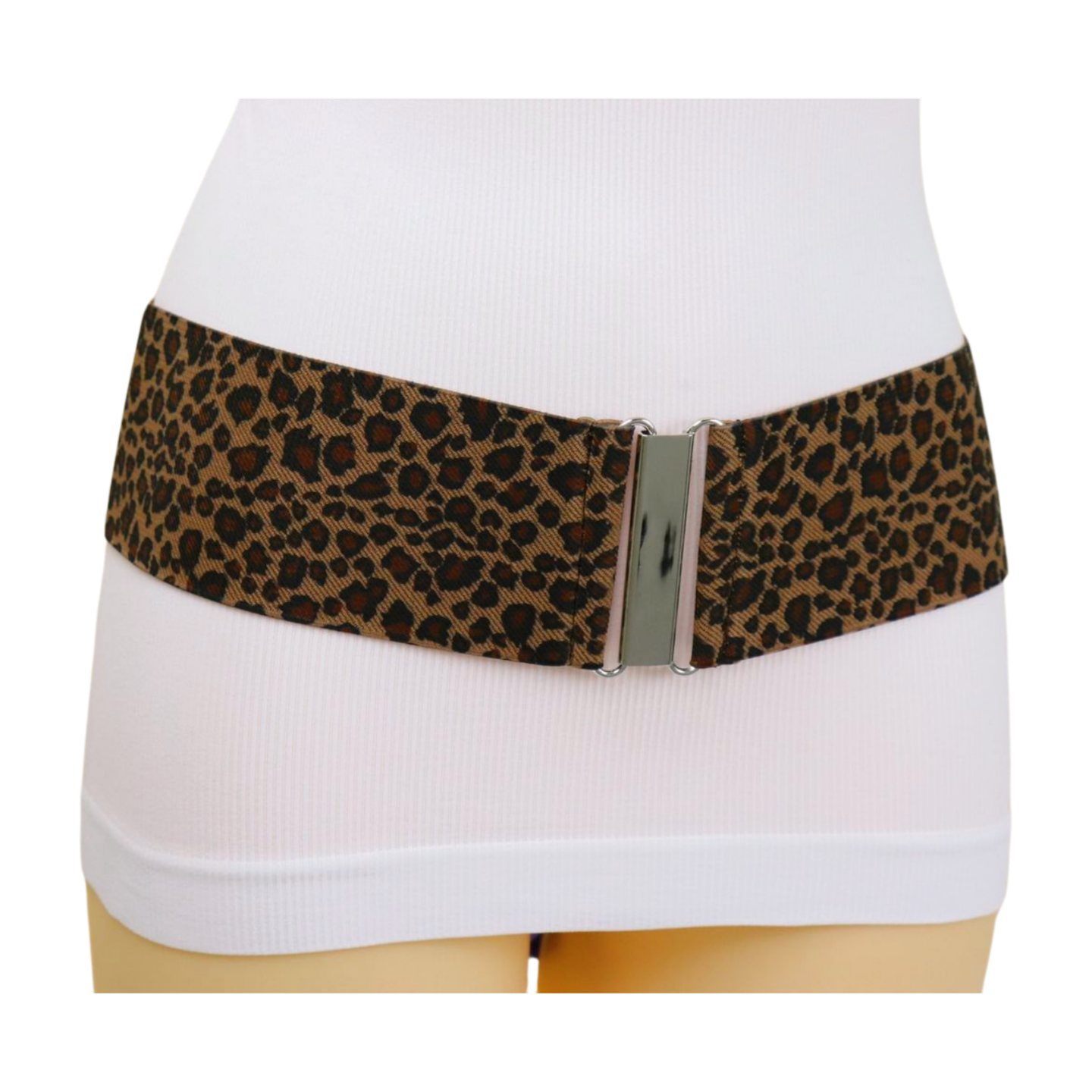 Women Elastic Brown Leopard Animal Print Belt Silver Buckle 