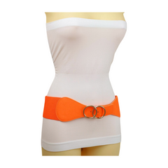 Women Neon Orange Elastic Belt Gold Circle Buckle S M