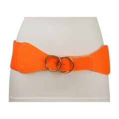 Women Neon Orange Elastic Belt Gold Circle Buckle S M