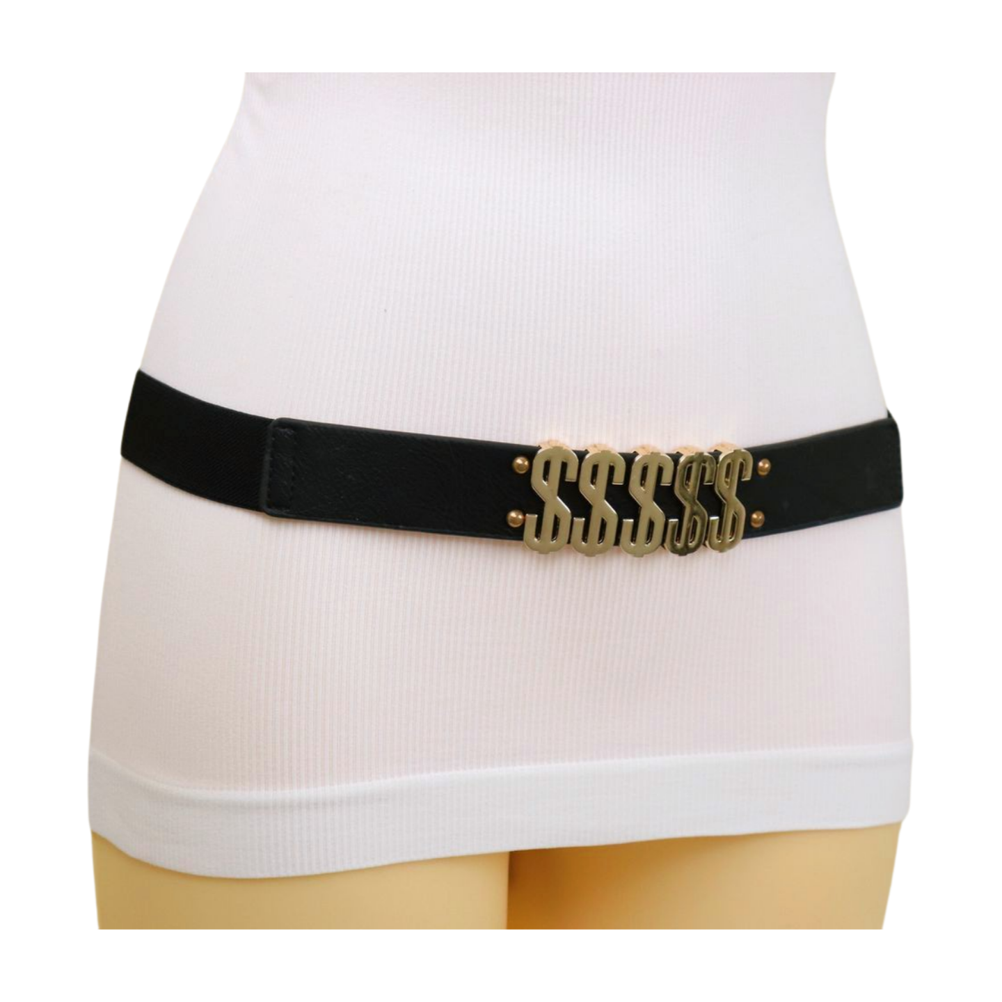 Women Black Elastic Fashion Belt Gold Metal Dollar Sign 
