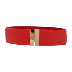 Women Red Elastic Band Belt Gold Metal Buckle Fit Size S M